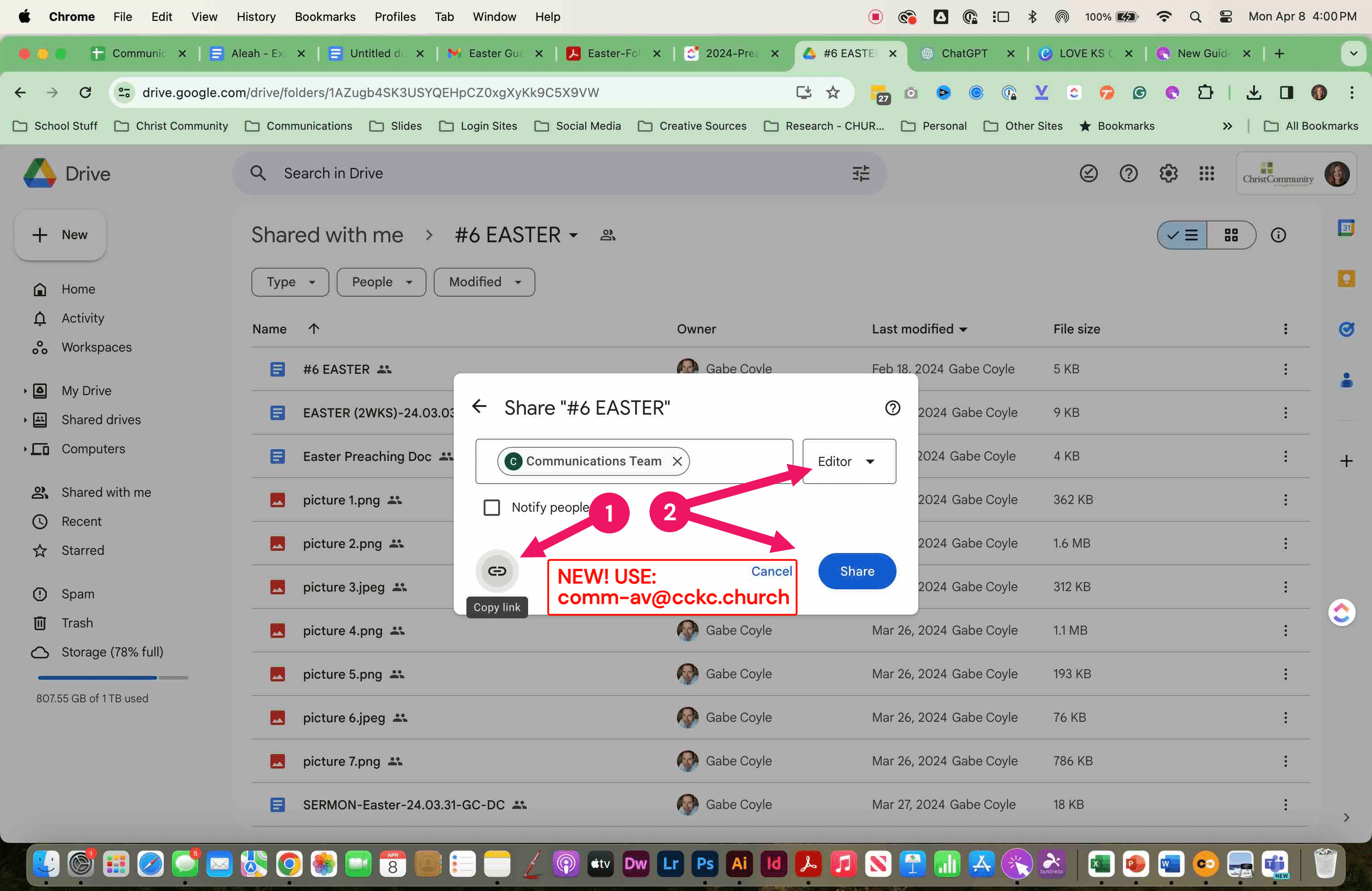 1) **CLICK the LINK **icon in the lower left of the dialog window to **COPY THE LINK ADDRESS ** for the folder.
2a) Make sure access is set to EDITOR (so we can see COMMENTS in the document)
2b) Click SHARE or SEND to close the dialog window.
The copied LINK is now in your computer clipboard.
*When you share a **folder** with EDITOR access, the files and subfolders inside are updated with the new sharing settings.*