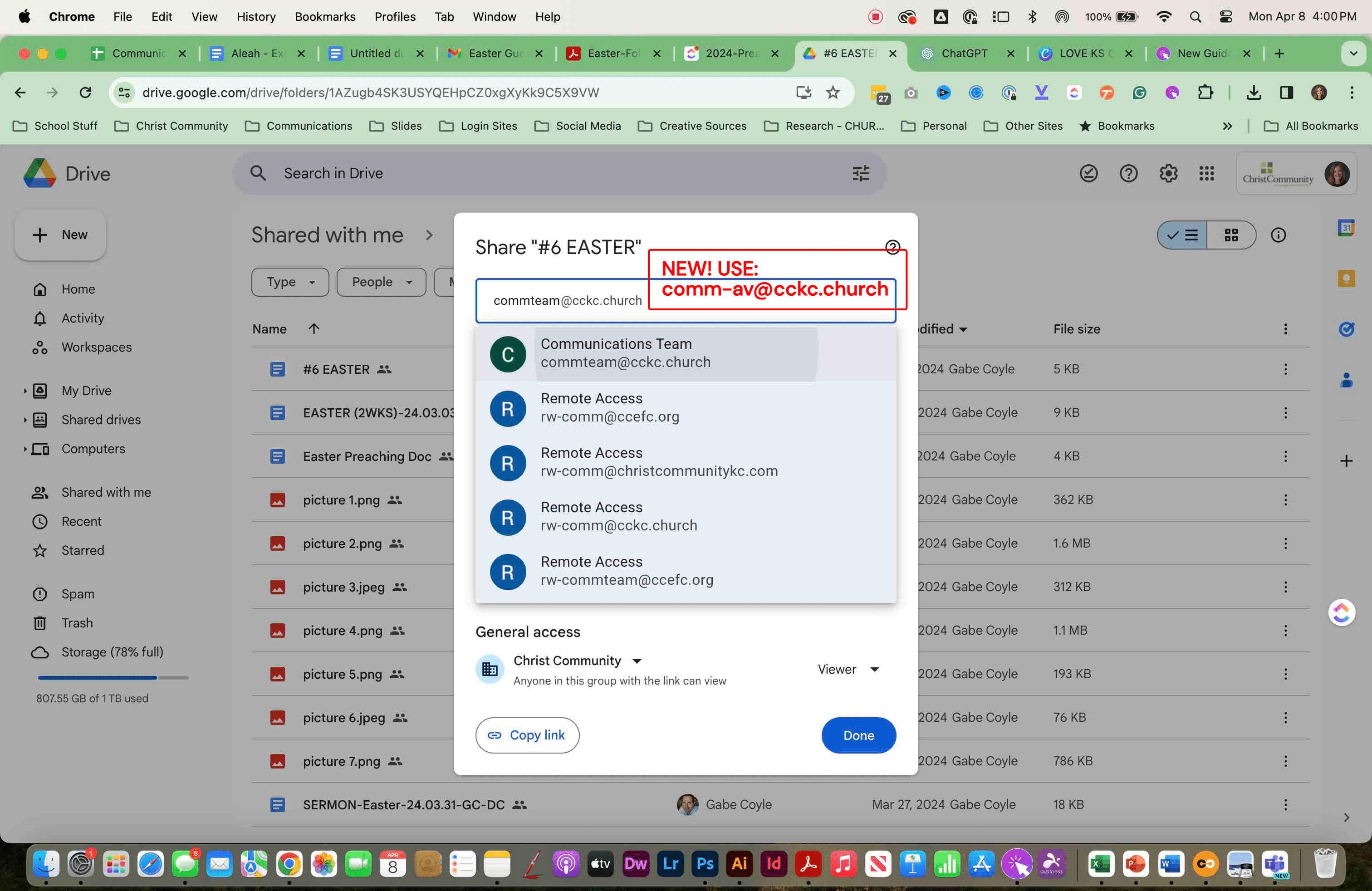 TYPE "comm-av@cckc.church" to add the Communications Slide team to the shared folder.