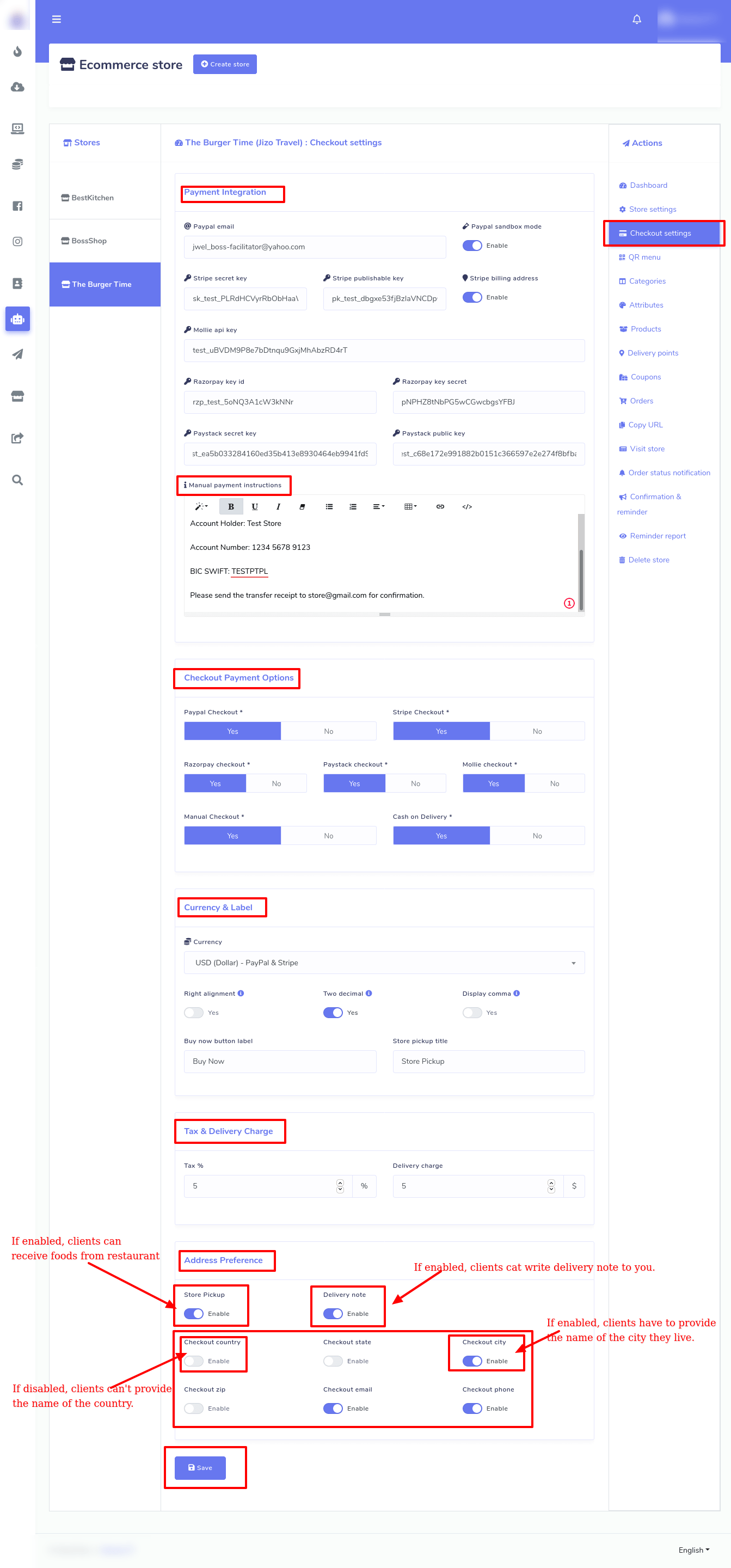 After that, you will get the ‘Currency and Label’ option. Here, you have to select the currency of online payment methods, the currency through which the clients will give the payment. For example, if you select USD(Dollar) for PayPal and Stripe, your customers have to pay in Dollars via PayPal and Stripe. Then you will see, in a row, three radio buttons called **Right alignment** , **Two decimal** , and **Display comma**. By placing your mouse cursor on the tooltips, you can see the functionality of these buttons. Then you have to put labels for the ‘Buy Now’ button and **Store Pickup** title.
