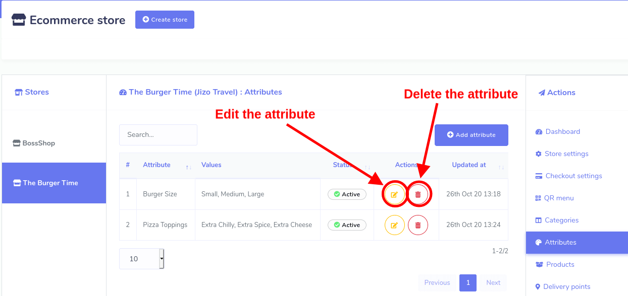 Like the Category option, after you have added one or more attributes, the attributes will appear on the page. Of course, you can add as many attributes as you want. Well, from the page, you can edit and delete any attribute you want and can see the status of the attributes.