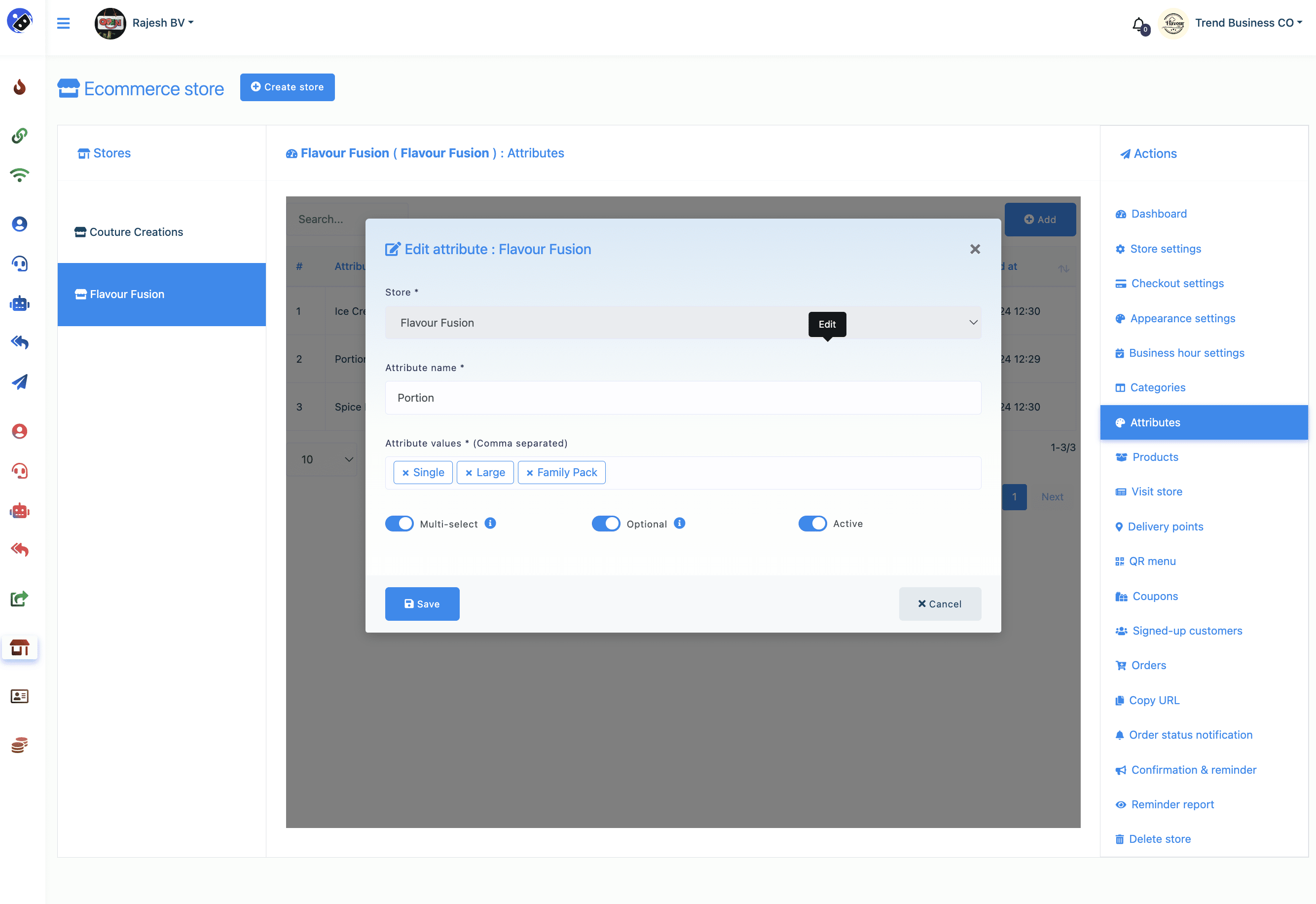 Now click on the Add attribute button and a pop-up box will appear. In the box, you have to write down the name of the attribute and give attribute values in comma-separated. Then enable or disable three buttons called ‘Multi select’, ‘Optional’, and ‘Active’ as you see fit for the attribute.