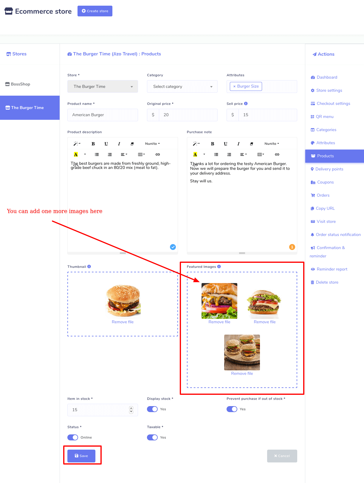 To add products, click on the ‘Products’ option in the ‘Action’ menu on the left side of the dashboard. Straightway, the Products page will appear with the Add product ‘Add product’ button at the top-right position. Now click on the button and a form will appear. You have to fill out the form to add the product-- providing some initial information about the products, selecting categories and attributes. Moreover, you have to upload thumbnails and featured images of the products-- you can upload one more image of the products in the featured image option. Filling-out the form, you have to click on the Save button. Instantly, your food item will be added to your virtual shop.
