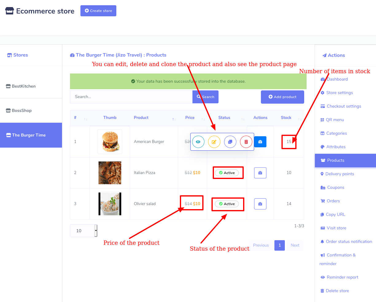 Likewise, you can add many of food items. And all the food items will be shown on the page. And you can edit, delete and clone the food items and see the product page of the product by the action button. Also, you can see the price and status of whether the product is active or inactive.