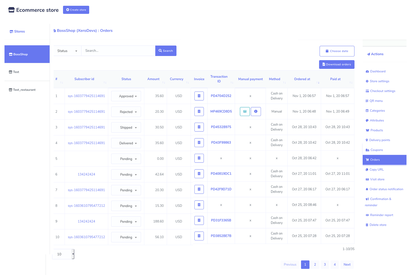 You can see the details of the orders given by your clients on a page called Orders. Most importantly, using a thermal printer, you can print the invoices for the orders easily. To see the details of orders and print the invoices, click ‘Orders’, in the ‘Action Menu’ at the left side of the dashboard. Without delay, all the orders listed will appear on the page. Move the bottom scroll bar to see the whole details of the orders. From the page, you can change the status of the orders. Click on the ‘Status’ field beside the specific order and a drop-down menu with ‘Pending’, ‘Approved’, ‘Rejected’, ‘Shipped’, ‘Delivered’, and ‘Completed’ will appear. Now you can select one of them to see the status of the order later.