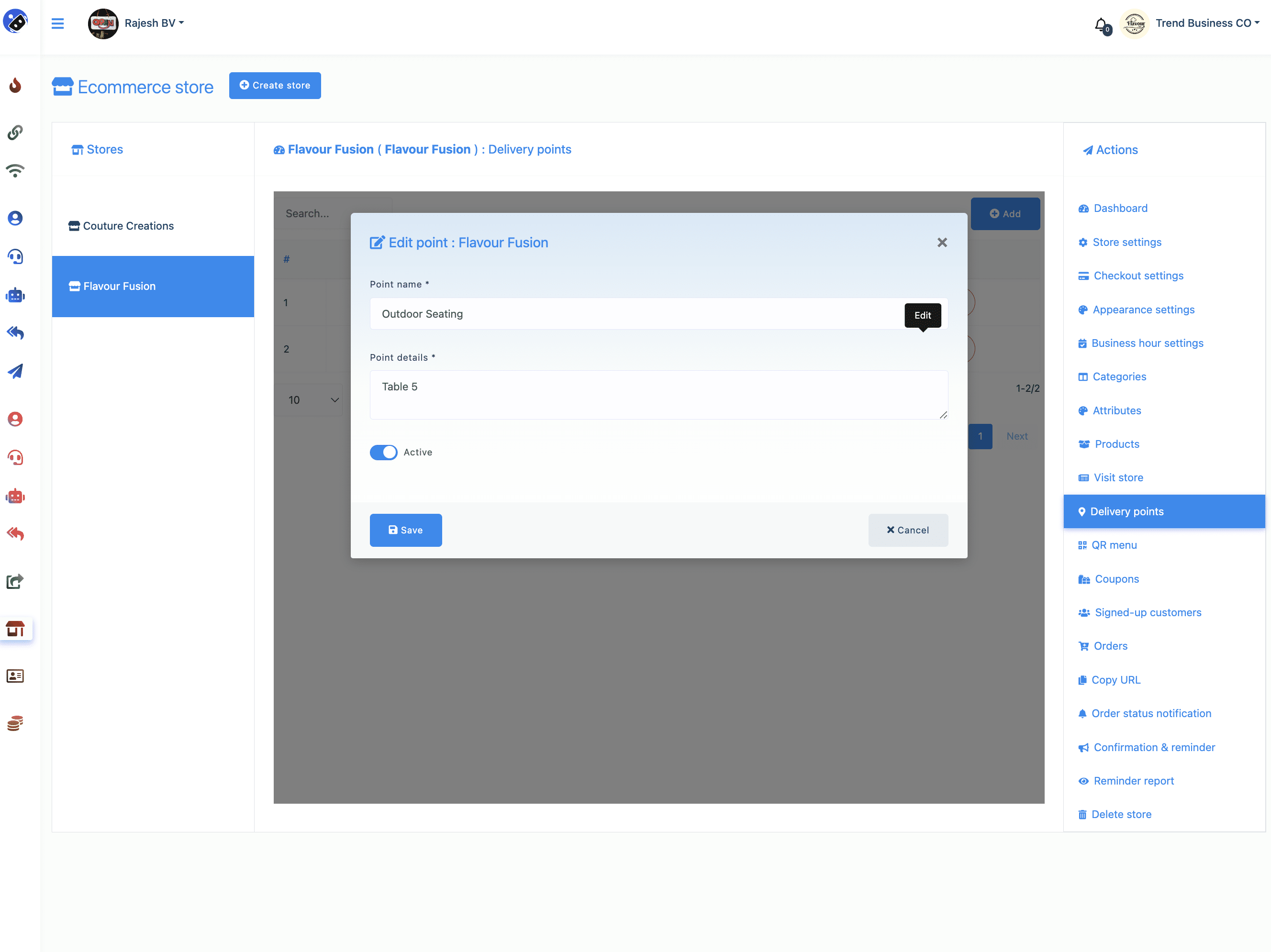 Since you have enabled the store pickup option, you have to set the delivery points. To do this, you have to add point names and point details. As for a restaurant, delivery points would be table and point detail would be table number. To add a delivery point, click on the ‘Delivery points’ on the left side of the dashboard. Instantly, a page will appear with the Add point button at top-right position. Click on the button and a pop-up form will appear. Then you have to fill-out the form by providing point(Table) and point details (For example, Table 1).

