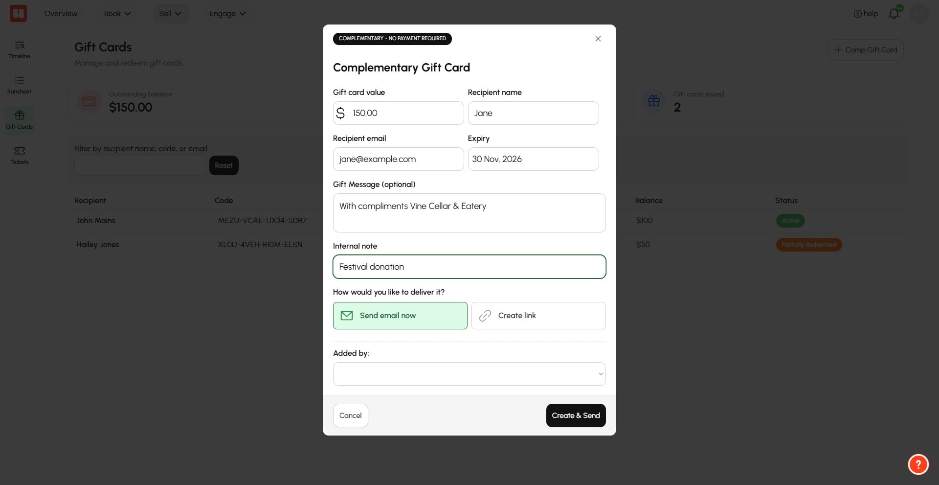 Fill out the card details including redeemable value and expiry date. Under **How would you like to deliver it?**, select **Create link**