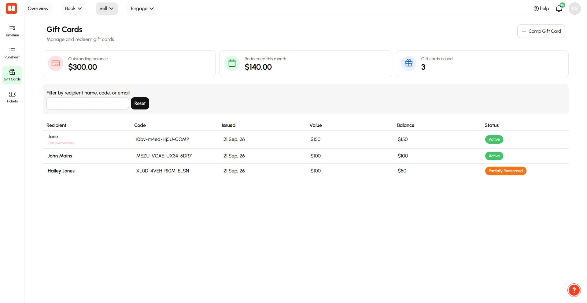 Complimentary gift cards are highlighted in your staff dashboard. 