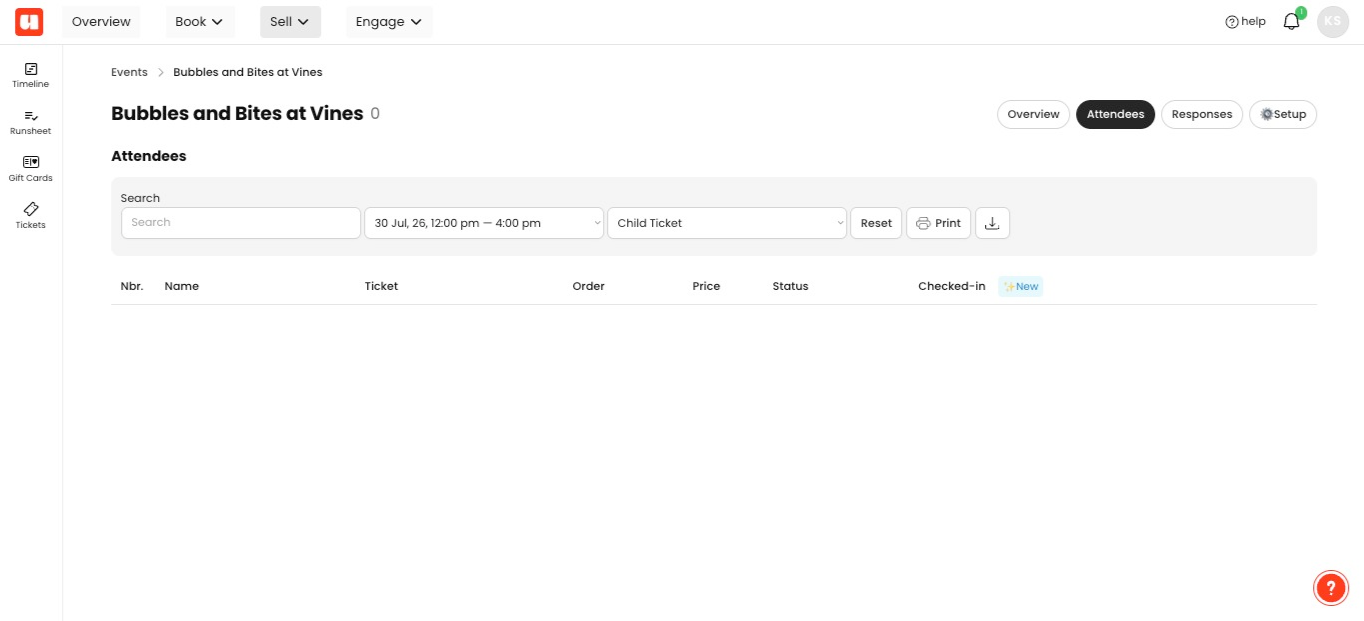 Select a ticket type, such as **Child Ticket**, from the **Ticket** filter to display the matching attendees