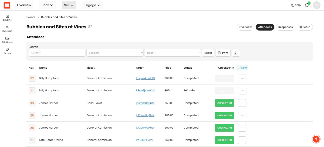 Open the **Session** filter to narrow the attendee list by session