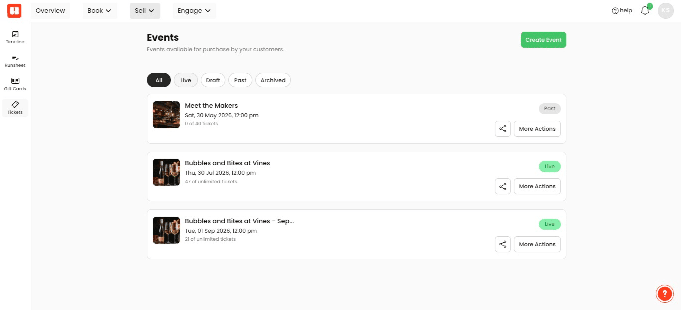 Use the **All**, **Live**, **Draft**, **Past**, and **Archived** status filters to locate the event you need