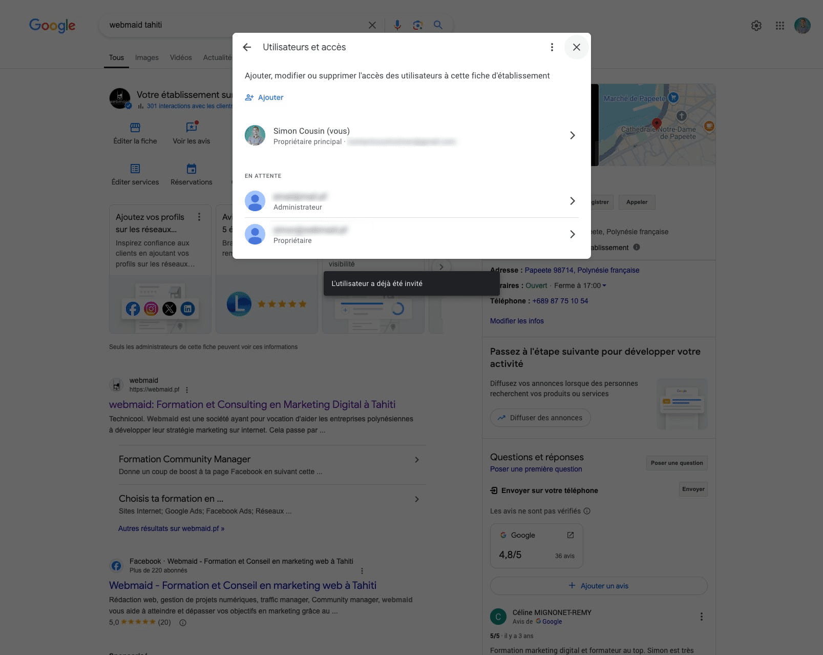Une fois l'invitation envoyée cliquer sur la croix pour fermer.