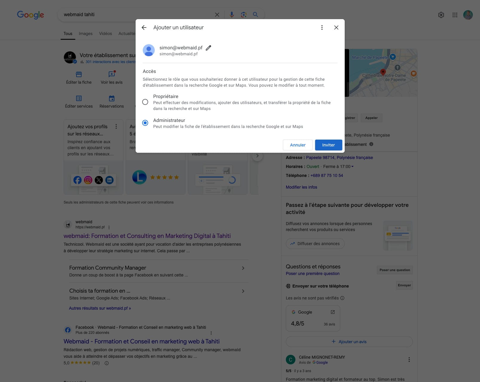 Choisir si la personne doit être Admin ou Propriétaire puis cliquer sur "Inviter"