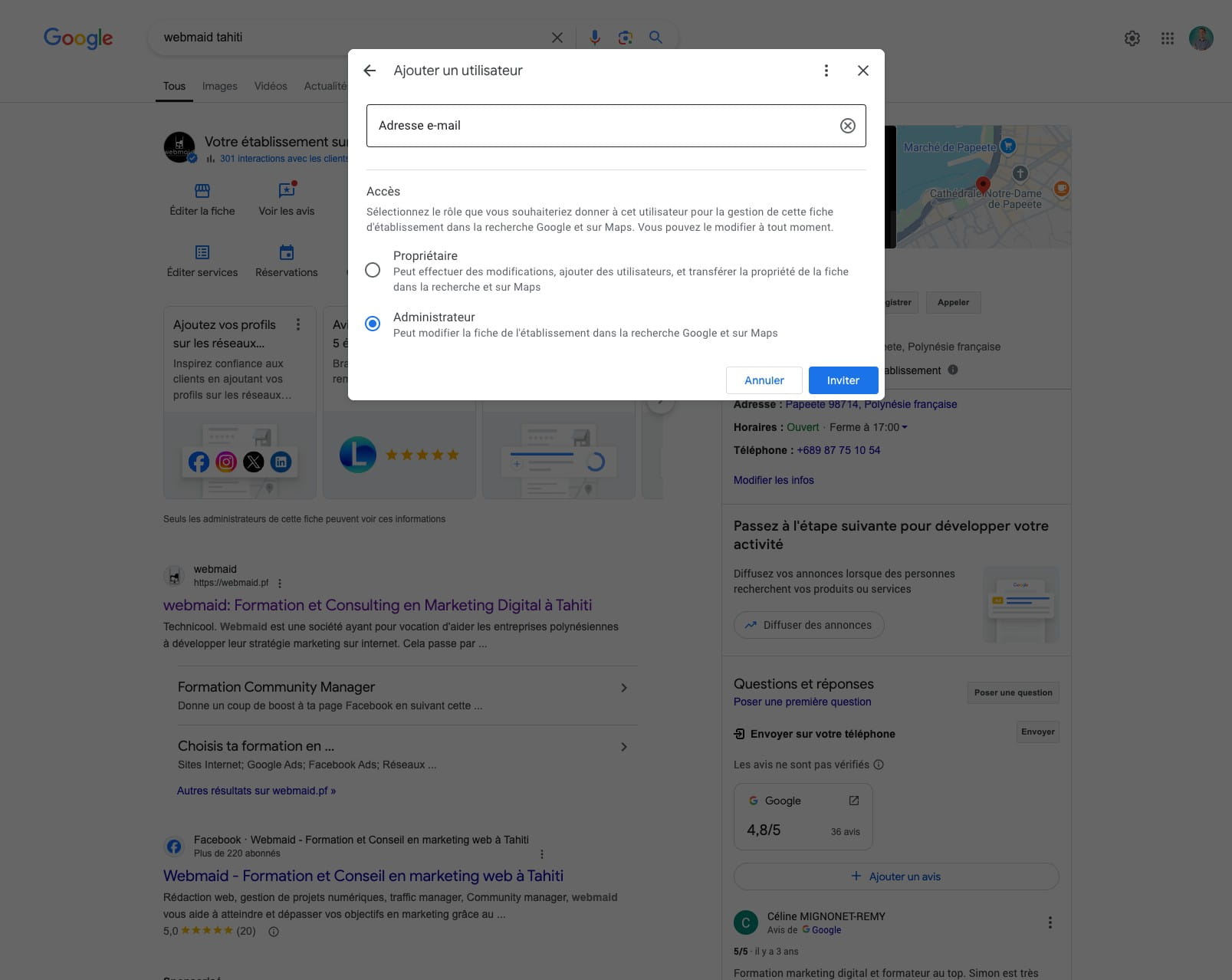 Renseigner l'adresse email de la personne devant recevoir les droits d'accès (ex : simon@webmaid.pf)
