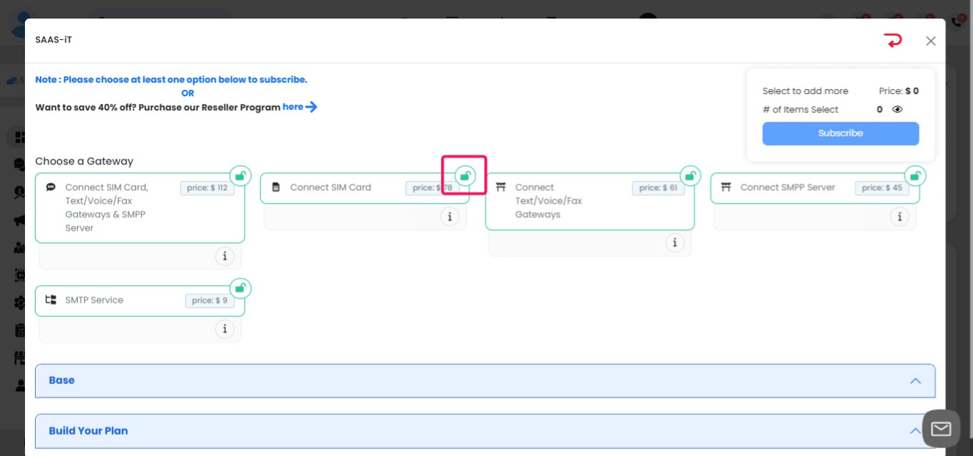 On this page, you'll see all available features and tools in the SMS-iT CRM. Features are divided into two categories:

      1. Unlocked features: These are already included in your current plan.
      2. Locked features: These can be purchased à la carte to customize your CRM.

Note: The Starter Plan includes all available Gateways.