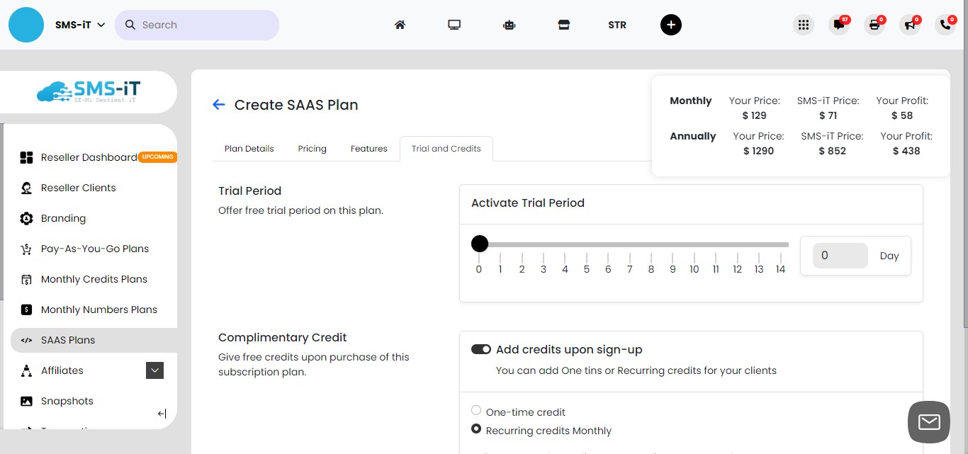 **Configuring trial periods and credits:**
On this page, you can set up:
     1. Trial period duration
     2. Credit allocations for the trial period