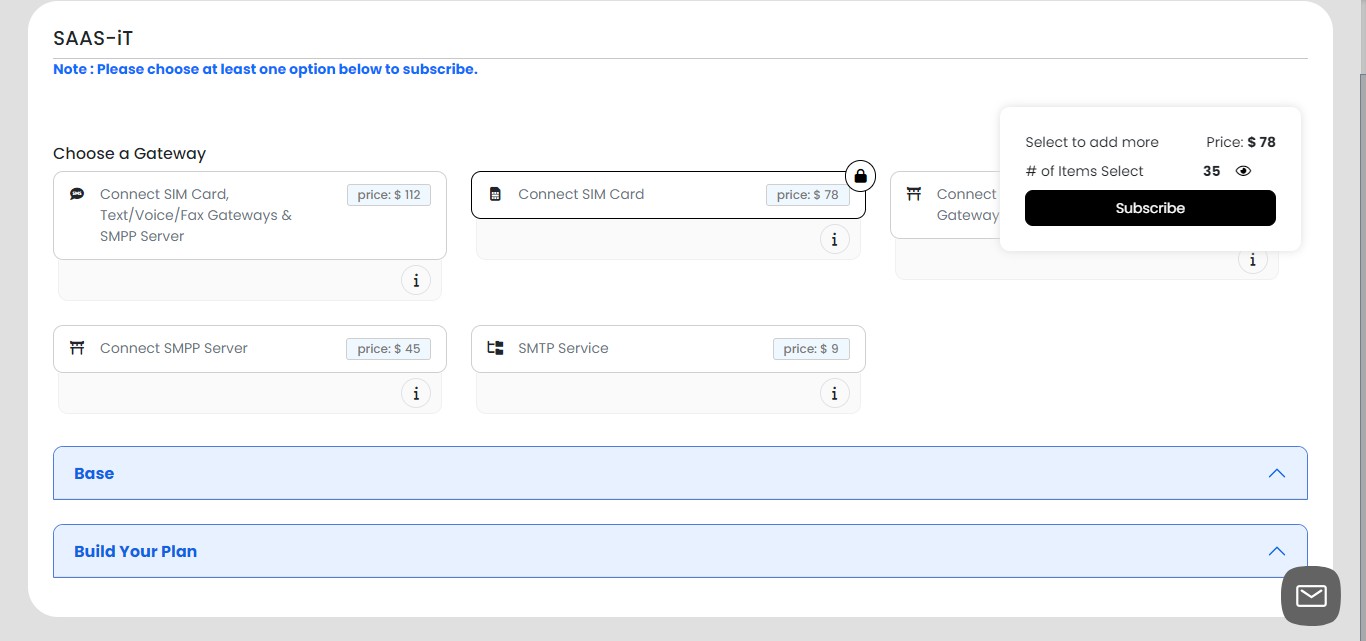 Exploring base features:
After selecting your gateway (you can choose multiple for more options):
     1. Click on "Base" to view included features
     2. Base features are essential components included at no extra cost
     3. These features form the foundation of your CRM