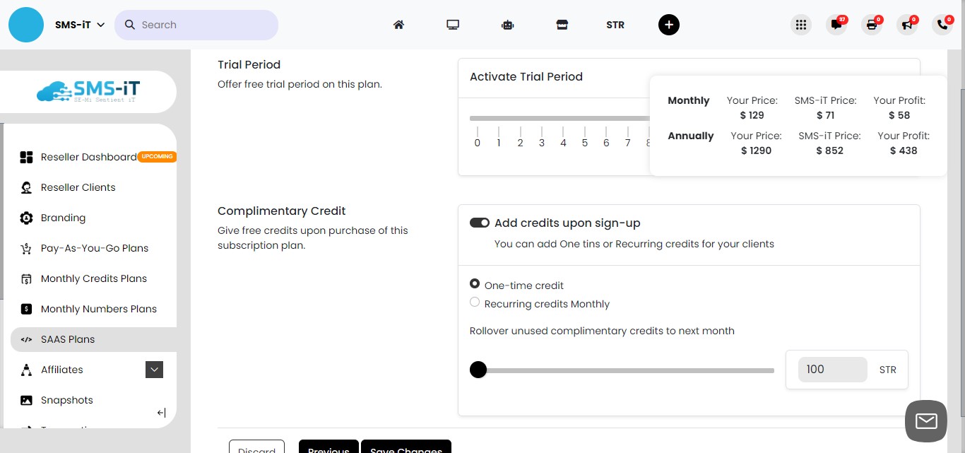 **Allocating trial credits:**

Assign one-time credits for the trial period
     1. Recommended amount: 100-300 credits
     2. This allows clients to demo the system without potential for abuse
     3. Adjust the credit amount based on your features and typical usage patterns