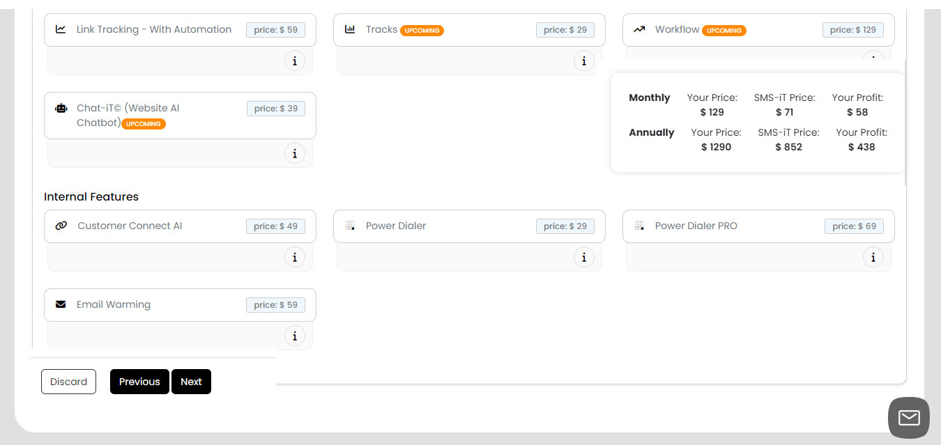 **Finalizing your SaaS plan:**
     1. After adding desired features, click "Next"
     2. Remember, you can always add more features later
     3. You can return to the "Pricing" page to adjust your profit margins as needed

