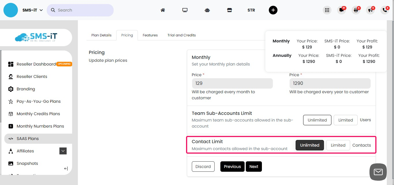 **Setting contact limits:**
     1. Determine the number of contacts allowed in each subaccount
     2. Set a limit that aligns with the client's needs and plan pricing
     3. After configuring contact limits, click "Next" to proceed