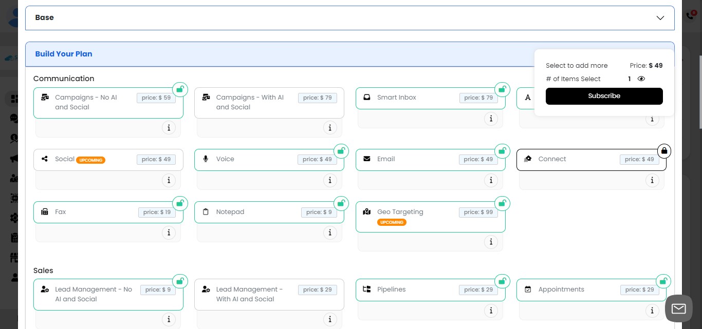 Let's add SMS-iT Connect, a video conferencing feature that offers:

     1. Customer data collection before entering a meeting room 
     2. Webinar hosting capabilities
     3. One-on-one meetings with new prospects

Tip: If you're unsure about a feature's functionality, click the "Information" icon for a detailed explanation.