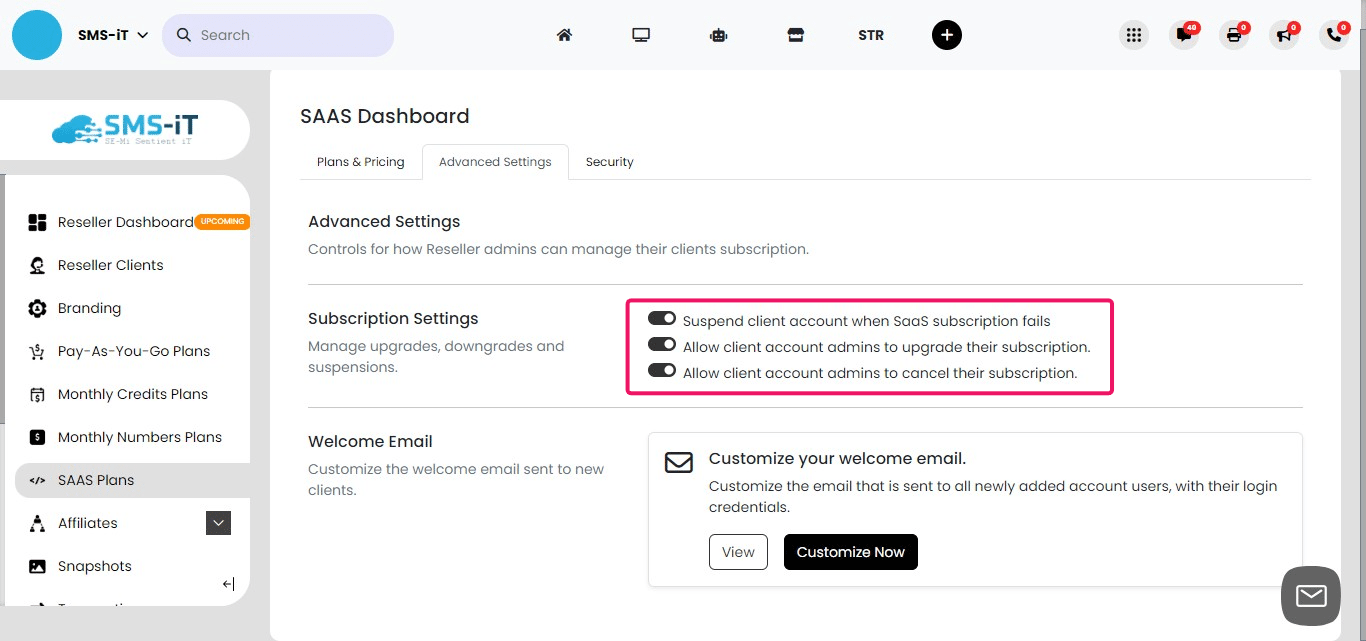 **In the Advanced Settings, you can configure the following options:**
     1. "Suspend client account when SaaS subscription fails"
     2. "Allow client account admins to upgrade their subscription"
     3. "Allow client account admins to cancel their subscription"

These settings give you more control over client account management.