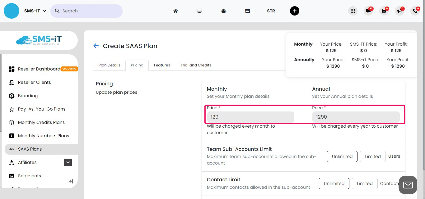 When setting your pricing:
     1. Enter your desired price point
     2. Remember that you can adjust pricing as you build your plan
     3. Consider your profit margins - you can increase or decrease them based on the features included