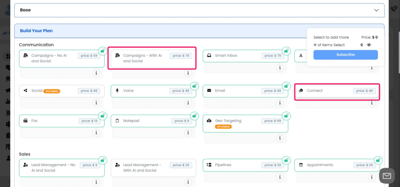 In the "Build Your Plan" section, you'll find:
     1. Unlocked features: These are already included in your current plan.
     2. Locked features: These are available in higher-tier plans but can be added
         à la carte through the SAAS-iT program.

The boxed features represent some of the locked features that can be added to your plan.