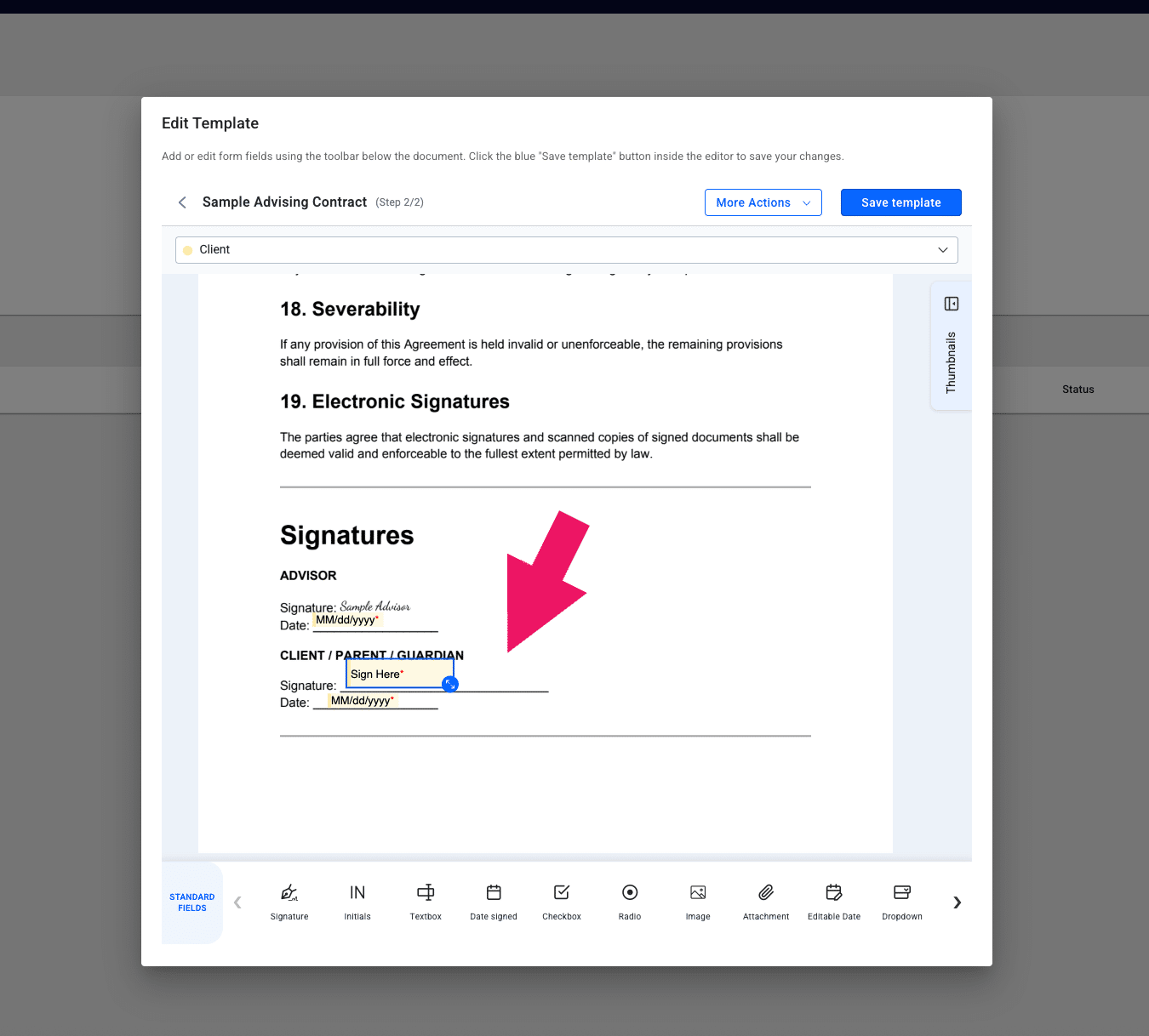 Achieve only has one signer per contract (as it's a best practice to only have 1 parent be the responsible party). That means that you'll **pre-sign** the templates before uploading them. Then drag & drop the **Date Signed** field under your signature and the parent's. That way the contract will be fully executed once they sign. 