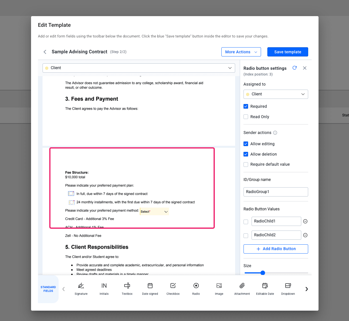 If you're asking the recipient to choose between different payment plans, packages, or methods, we recommend using **radio buttons** or a **drop down,** as seen below. 