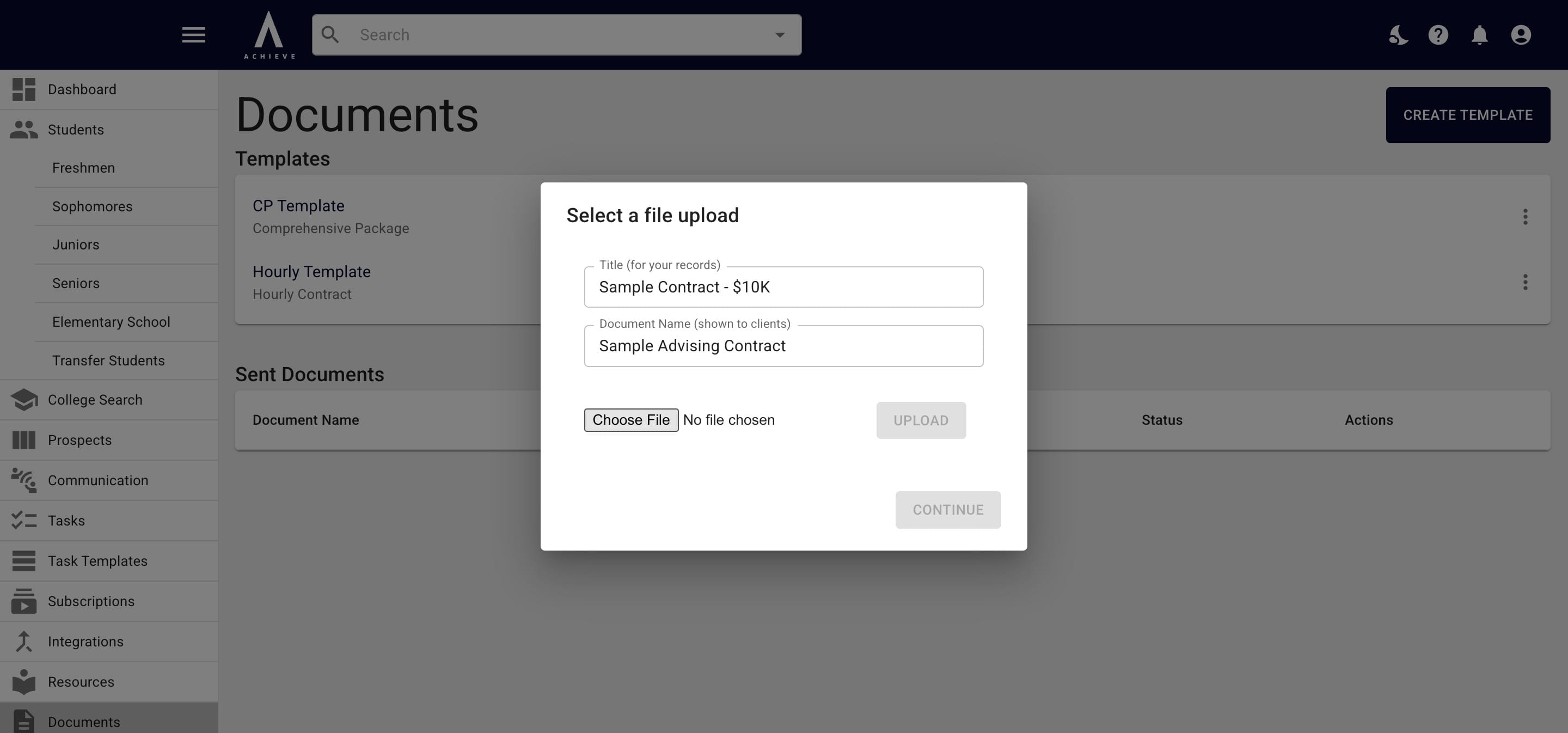 Then press **Choose File** to upload your template. Templates can be uploaded as PDFs or Word Docs. 