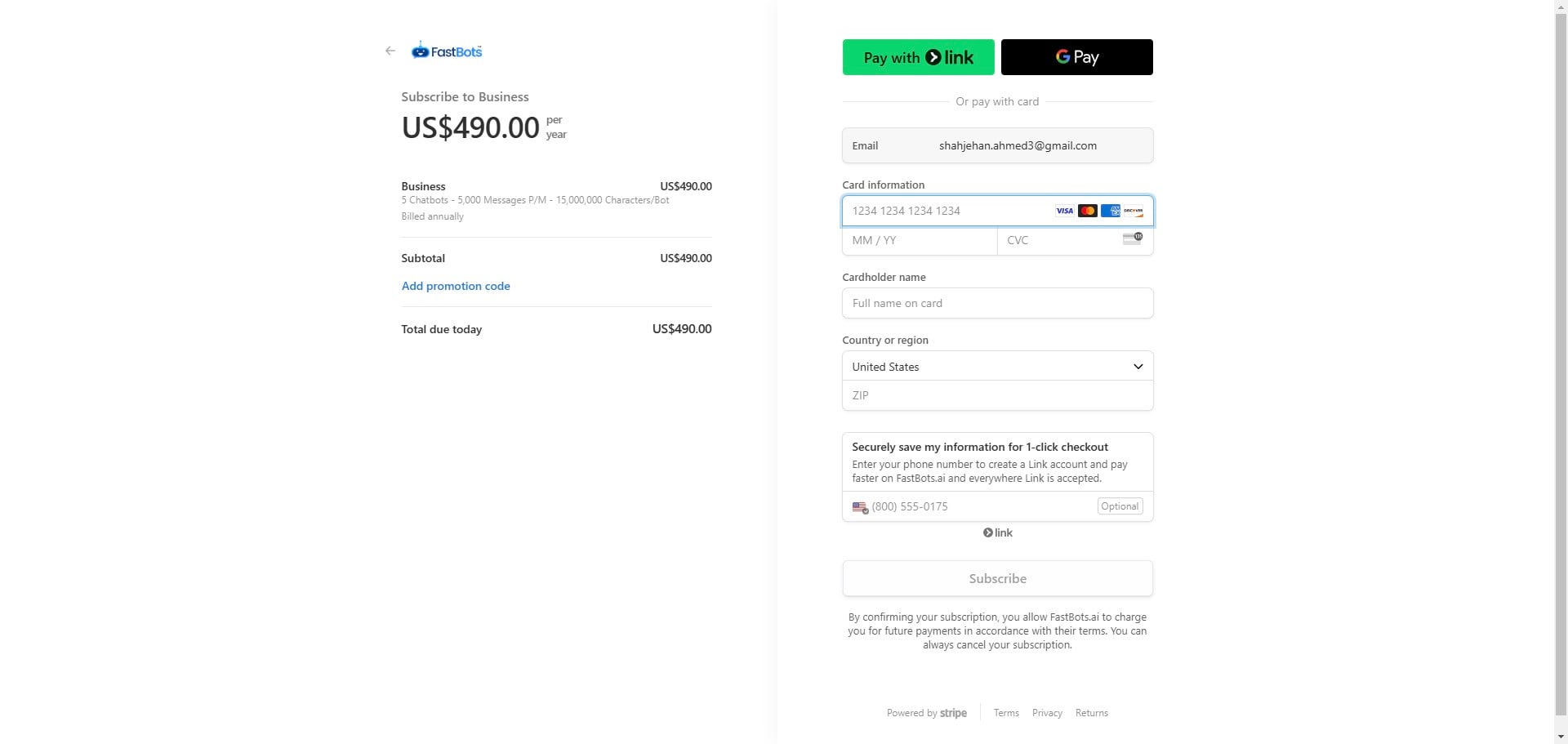 Add your payment details and click on the "Subscribe" button to activate your plan 🚀