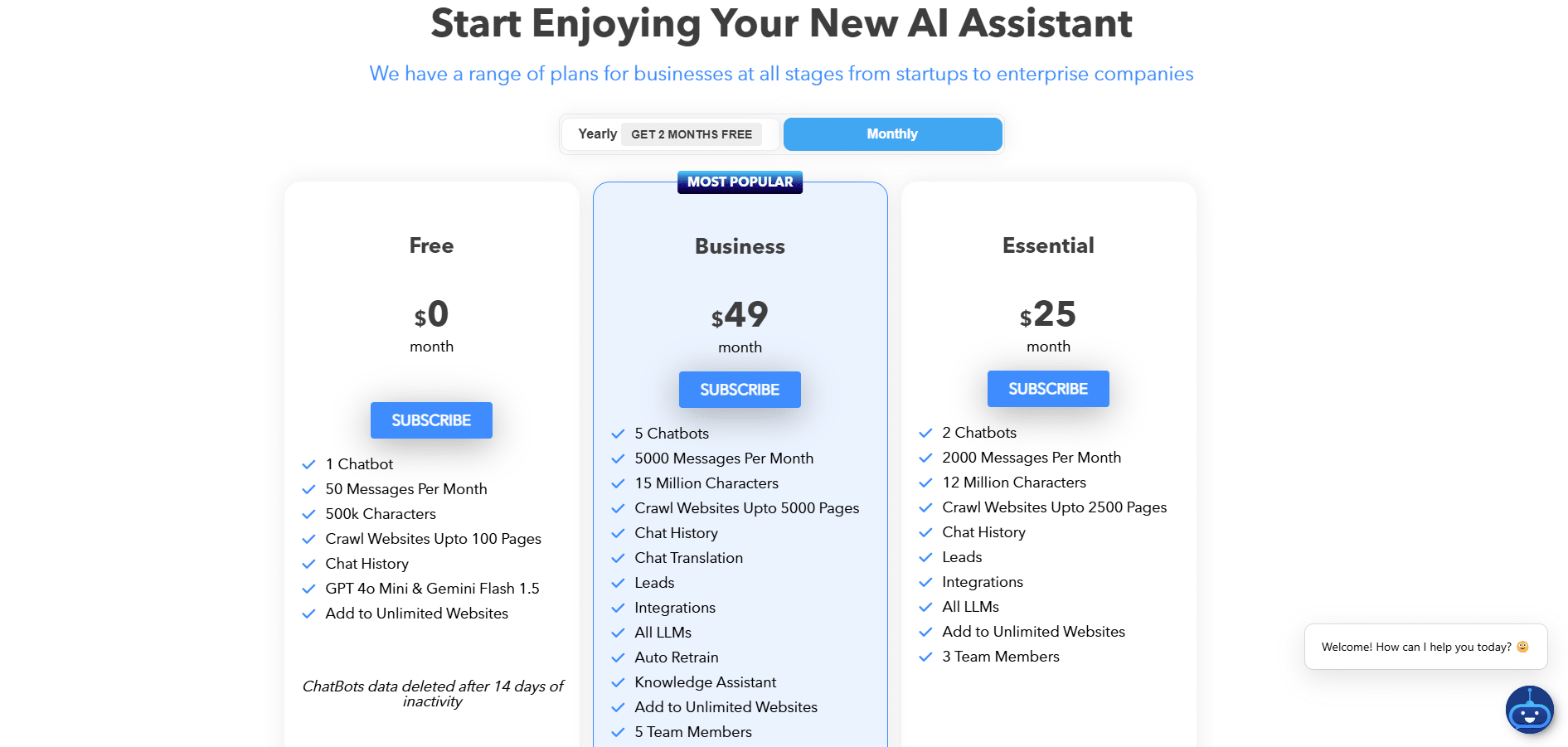 Here you can see all the plans we have available. You can choose the plan that suits your business and choose between a Yearly or a Monthly subscription.