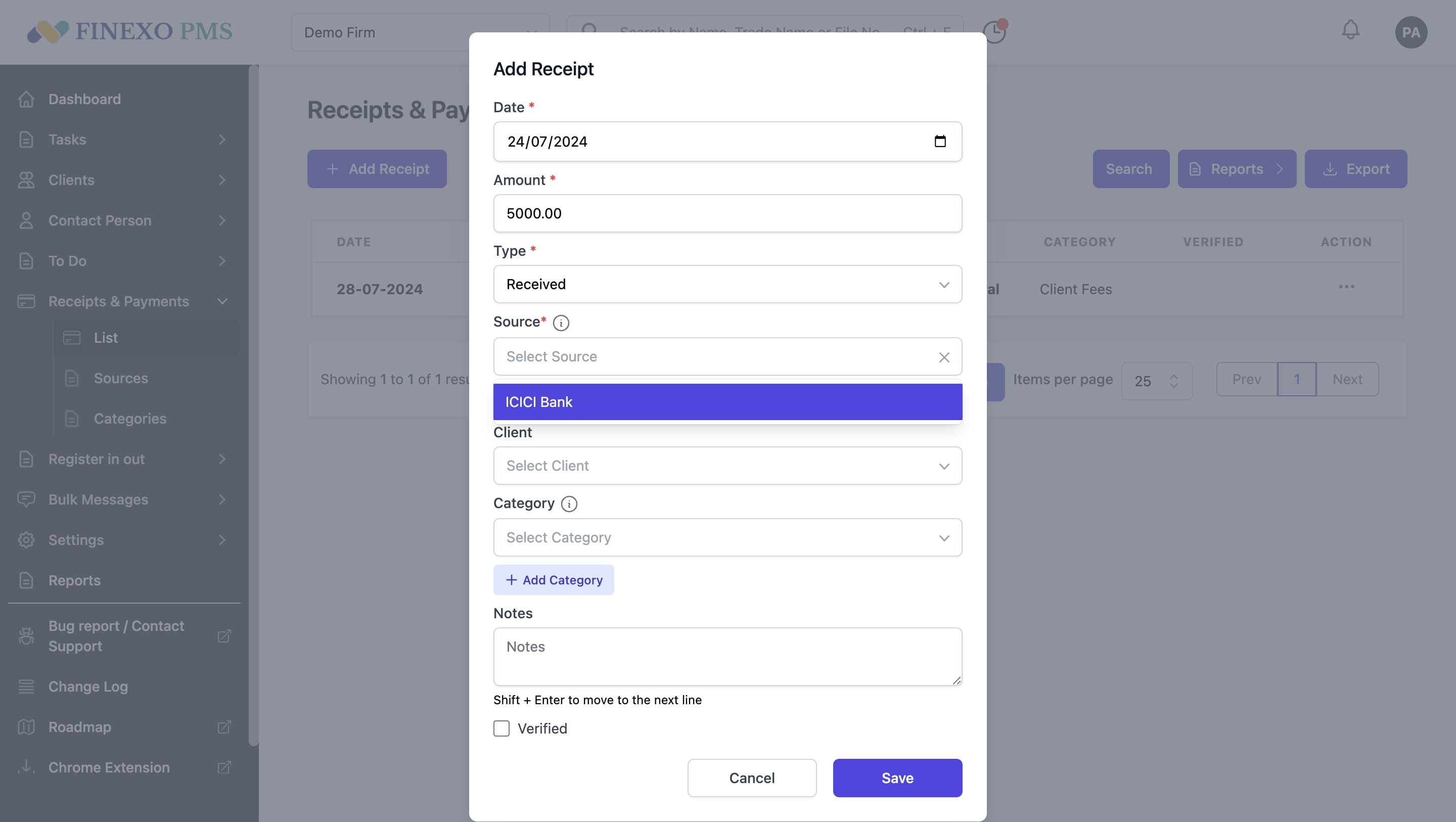 Select source in case of paid or received type.
