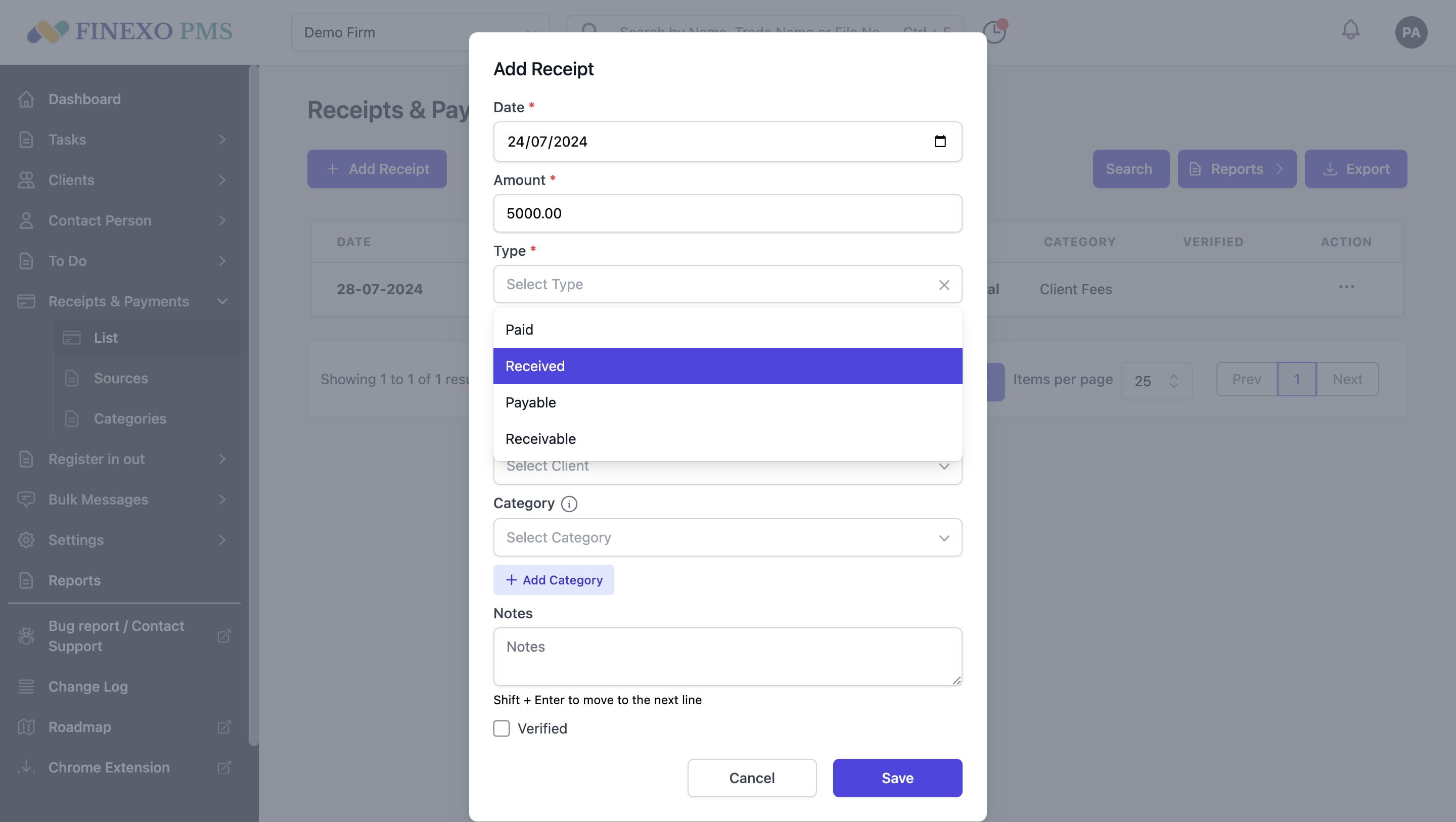 Select type of entry out of Paid, Received, Payable, Receivable