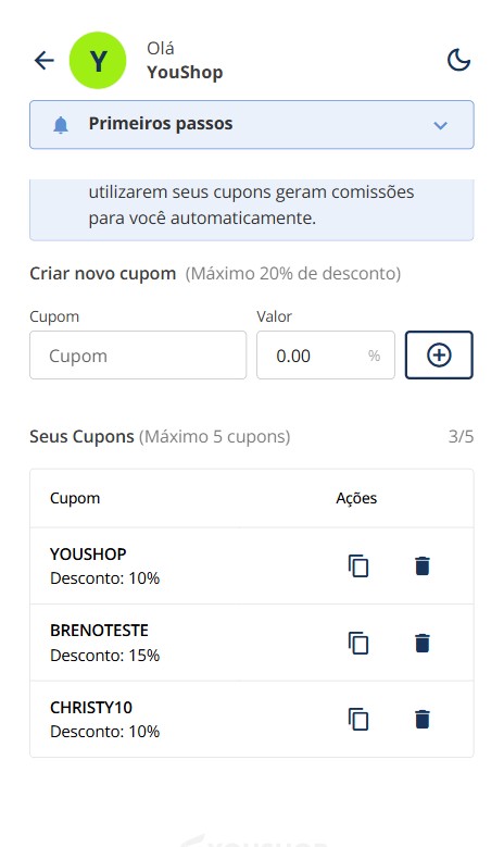 Pronto. Seu cupom foi criado e já está disponível para uso.
