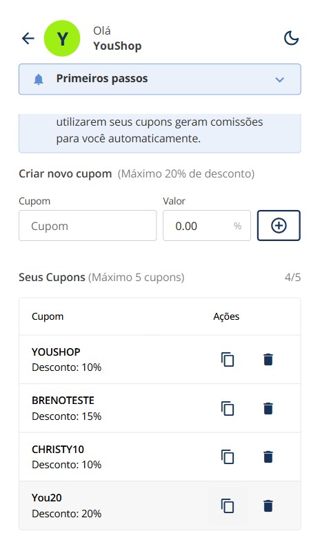 Após criar, clique no **ícone de copiar** para compartilhar seu cupom de desconto.