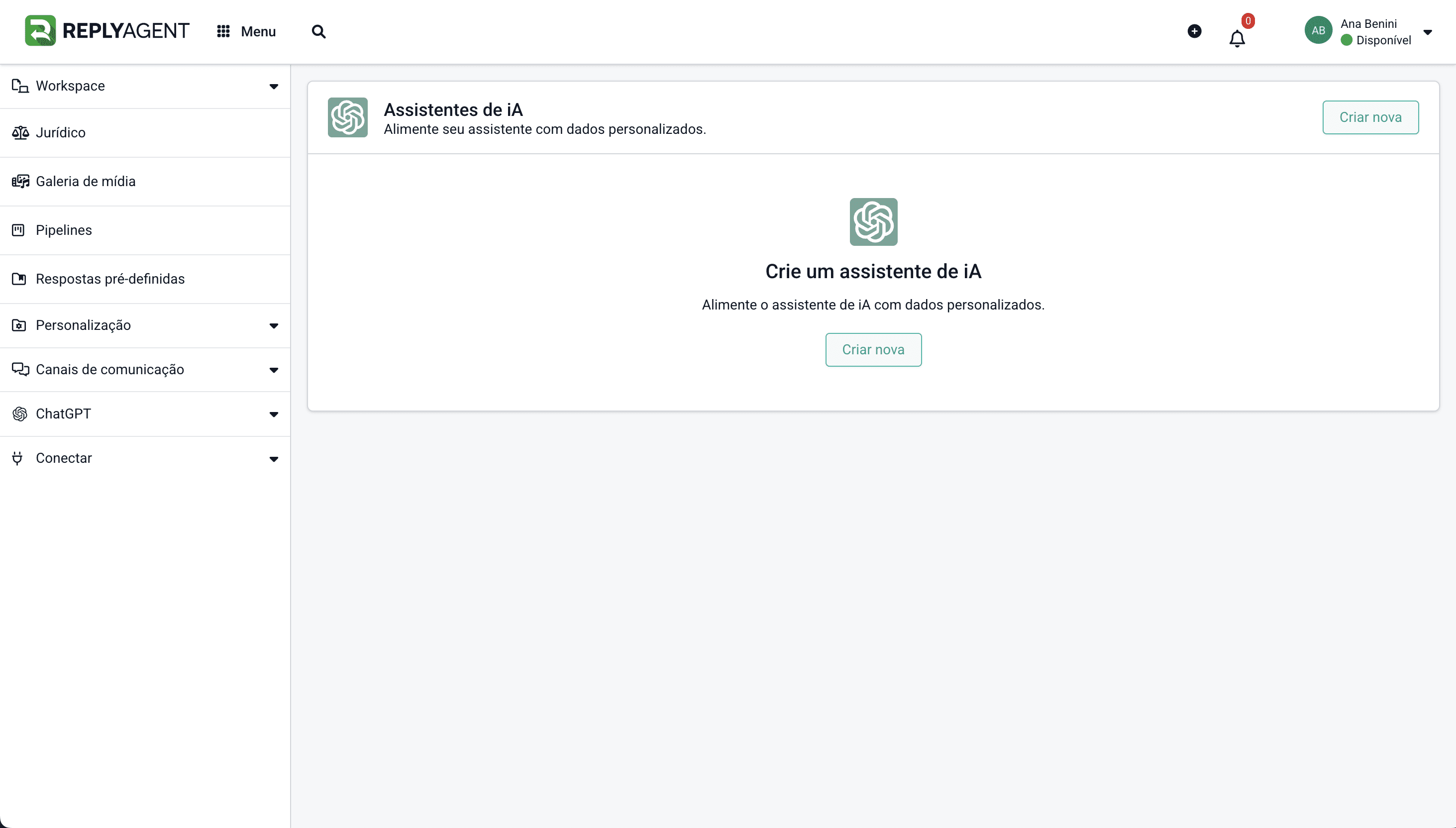 Crie um novo assistente de IA.