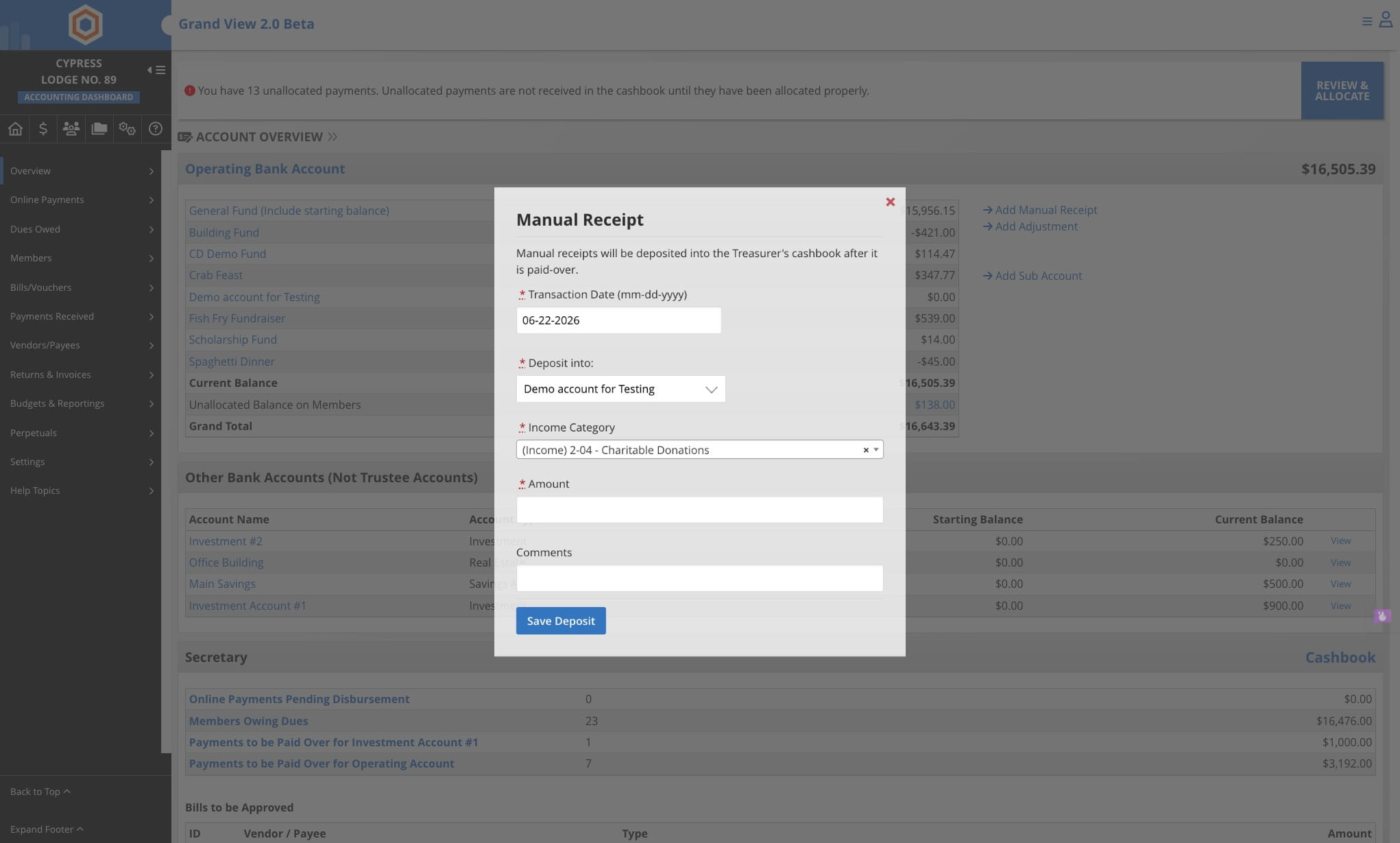 Select the account to deposit funds into
