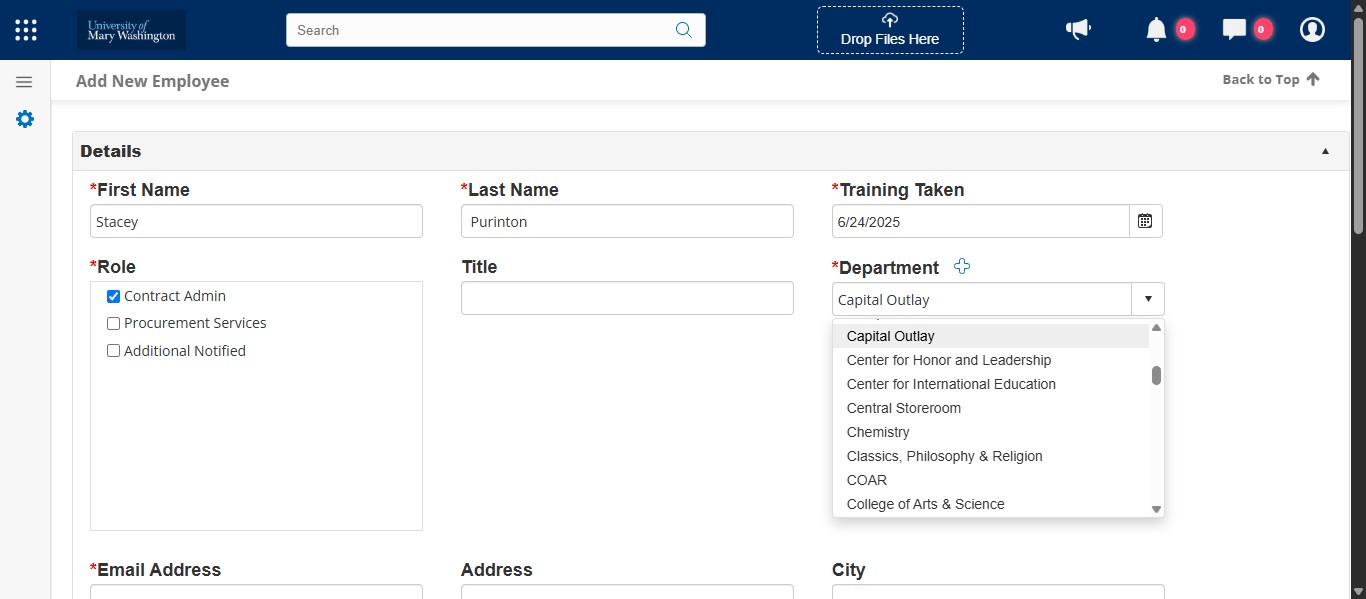 Enter the required field information: First Name, Last Name, enter the date of the training completed as listed in the results of the Contract Administrator Training in Microsoft Forms, select Contract Admin as the Role, and select the employee's department.