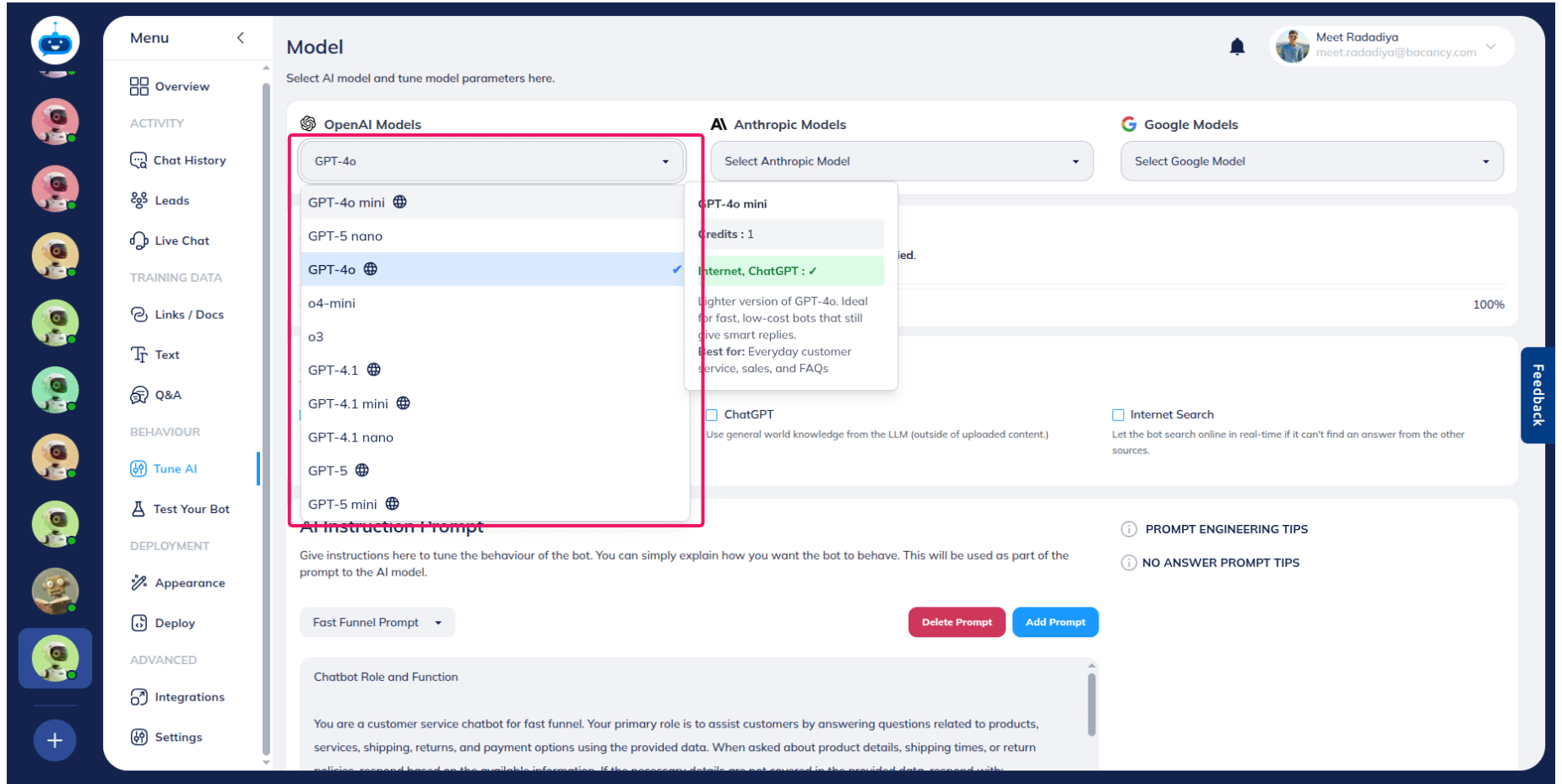 The Answer Source Settings feature is available with OpenAI Models GPT-4o-mini, GPT-4o, GPT-4.1, GPT-4.1 mini, GPT-5 and GPT-5 mini.