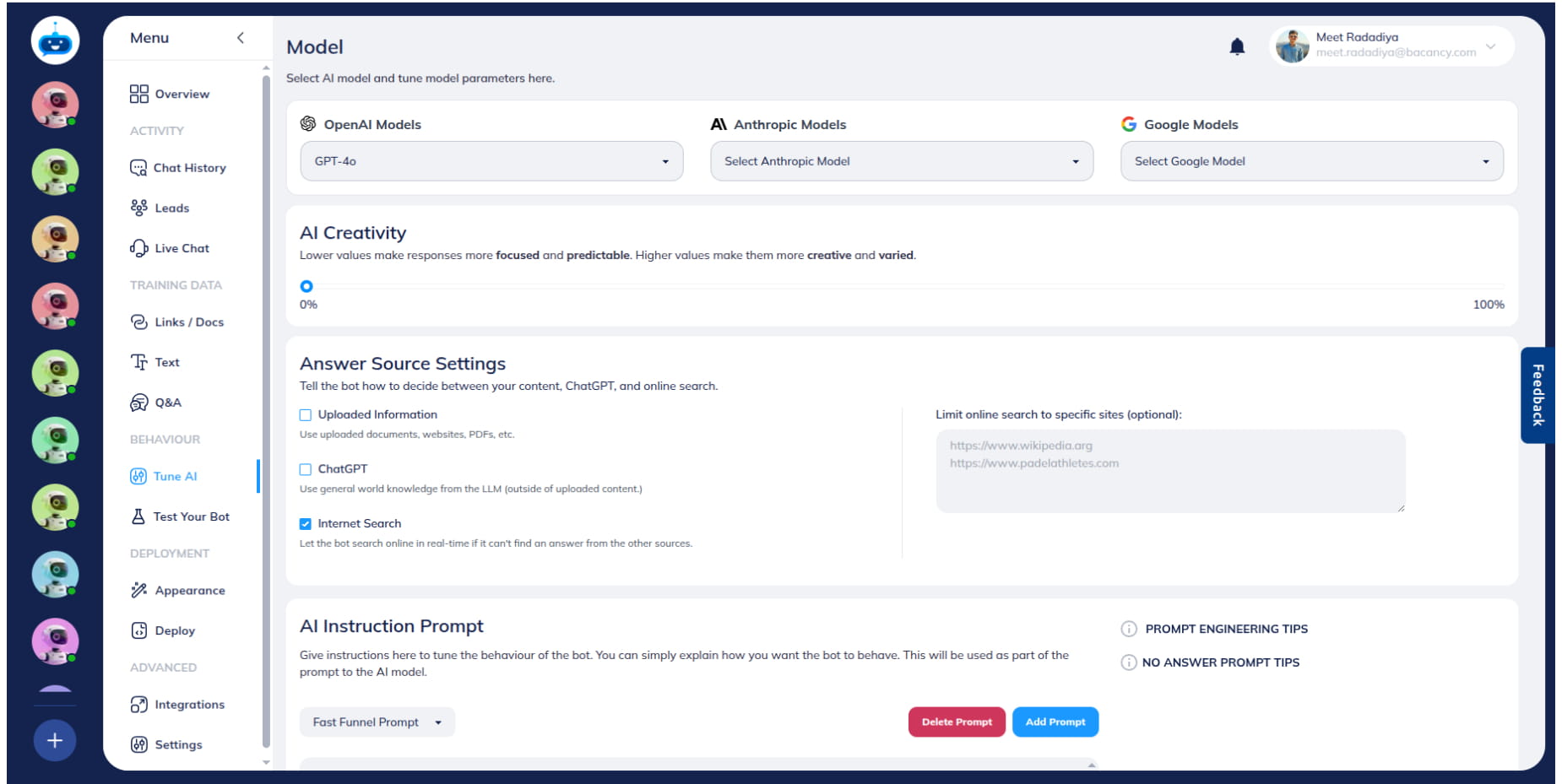 Select **Internet Search**, the chatbot will perform live searches across the internet to access the most current and up-to-the-minute information such as the weather or concert dates.