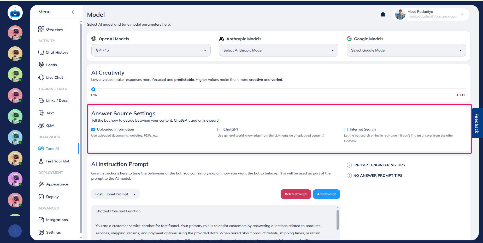 Your chatbot is can obtain information from three knowledge sources.
1. Uploaded Information
2. ChatGPT
3. Internet Search
The default answer source is **Uploaded Information**. Based on your sources requirement, select one or more source in any combination.
For Example : Uploaded Information + ChatGPT + Internet Search. or
Just Uploaded Information.