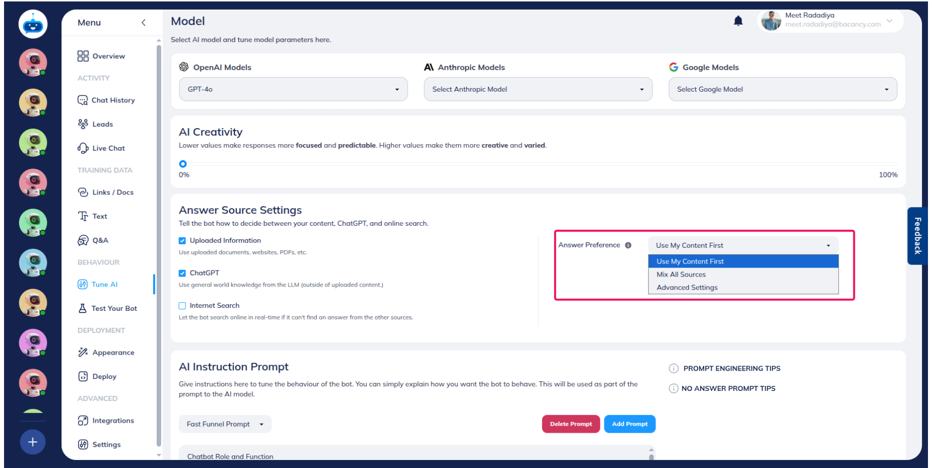Select Uploaded Information + ChatGPT **or** Uploaded Information + Internet Search, Answer Sources will decide which information sources AI use to create the bot response.
Answer Sources has three options : 1. Use My Content First, 2. Mix Everything 3. Advanced Settings.