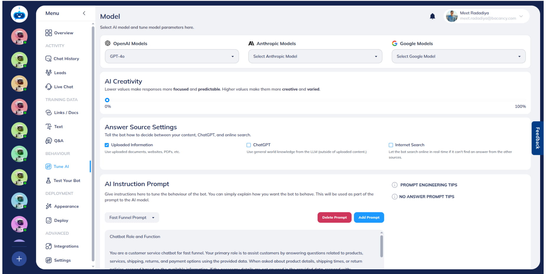 Select the **Uploaded Information**, source utilises documents, PDFs, videos, and other any files that you have personally uploaded to the platform. It functions as a dedicated, private knowledge base.