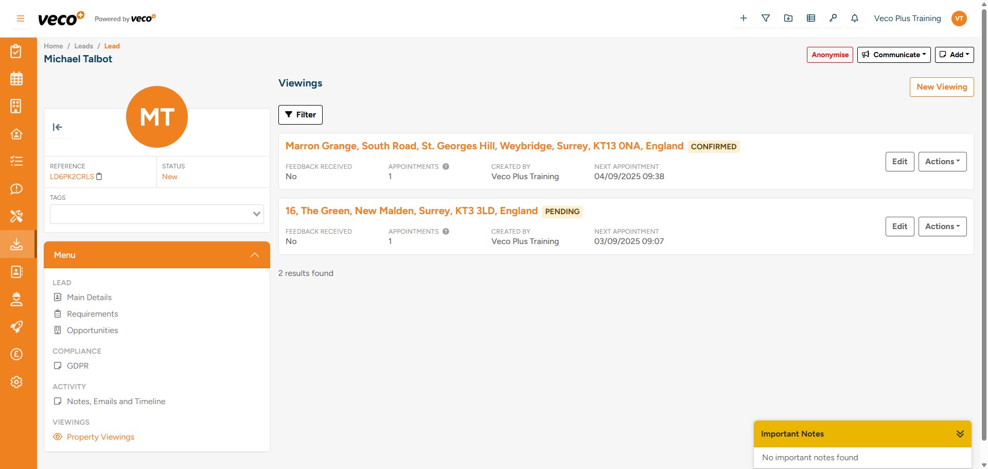 The list will appear like this. You can also add a new Viewing from here by selecting ' New Viewing' in the upper right corner
