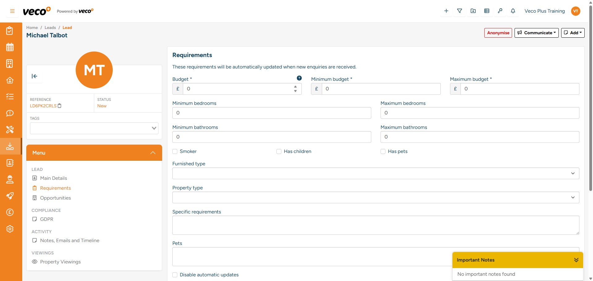 Following that, you should input the Lead's 'Requirements,' accessible from the ‘Menu’ located in the lower left corner of the record. The matching process looks at properties registered to the same office as the Lead, as well as their budget and the number of rooms. After entering the requirements, select ‘Save'