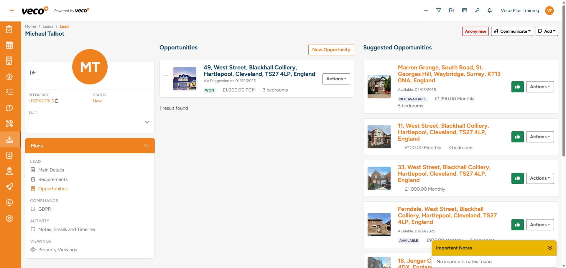 If there is a property that you would like to present to this Lead that does not match in the 'Suggested Opportunities', you can select 'New Opportunity' 