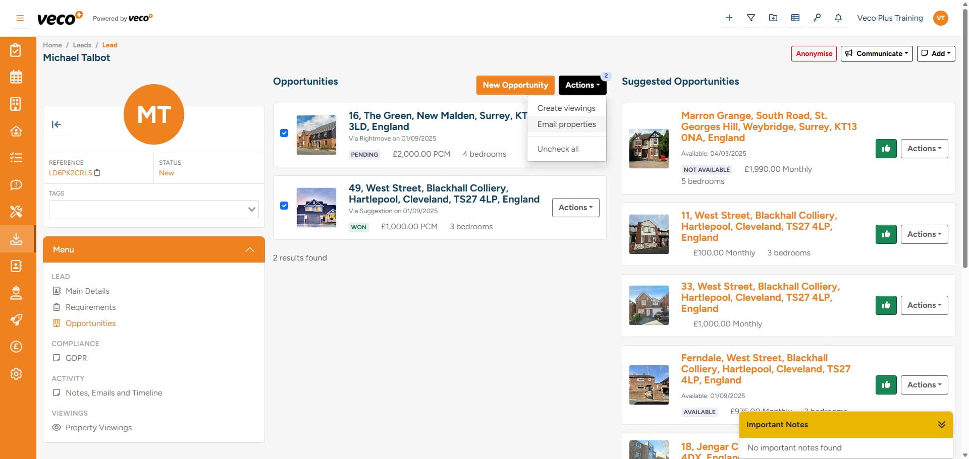You can either select 'Create viewings' or 'Email properties' from here