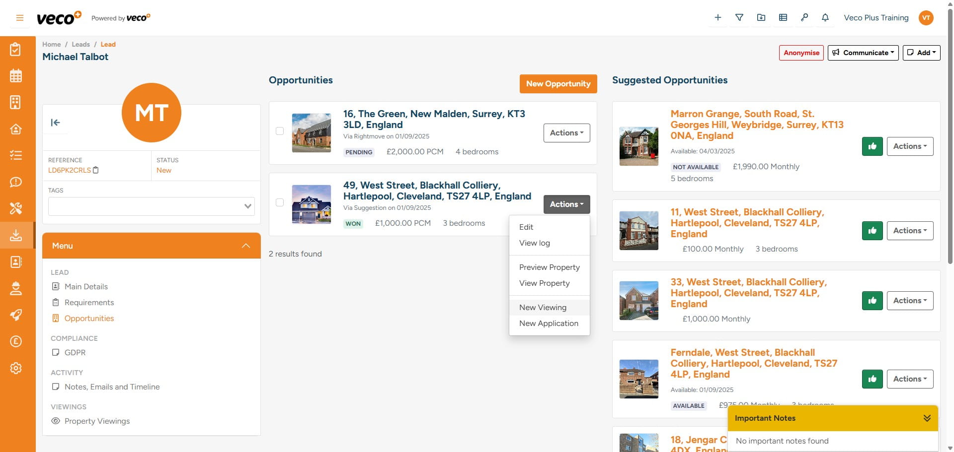 If you would like to book a viewing for a property, select ' Actions' then 'New viewing'. From here, you can view your calendar and book the viewing