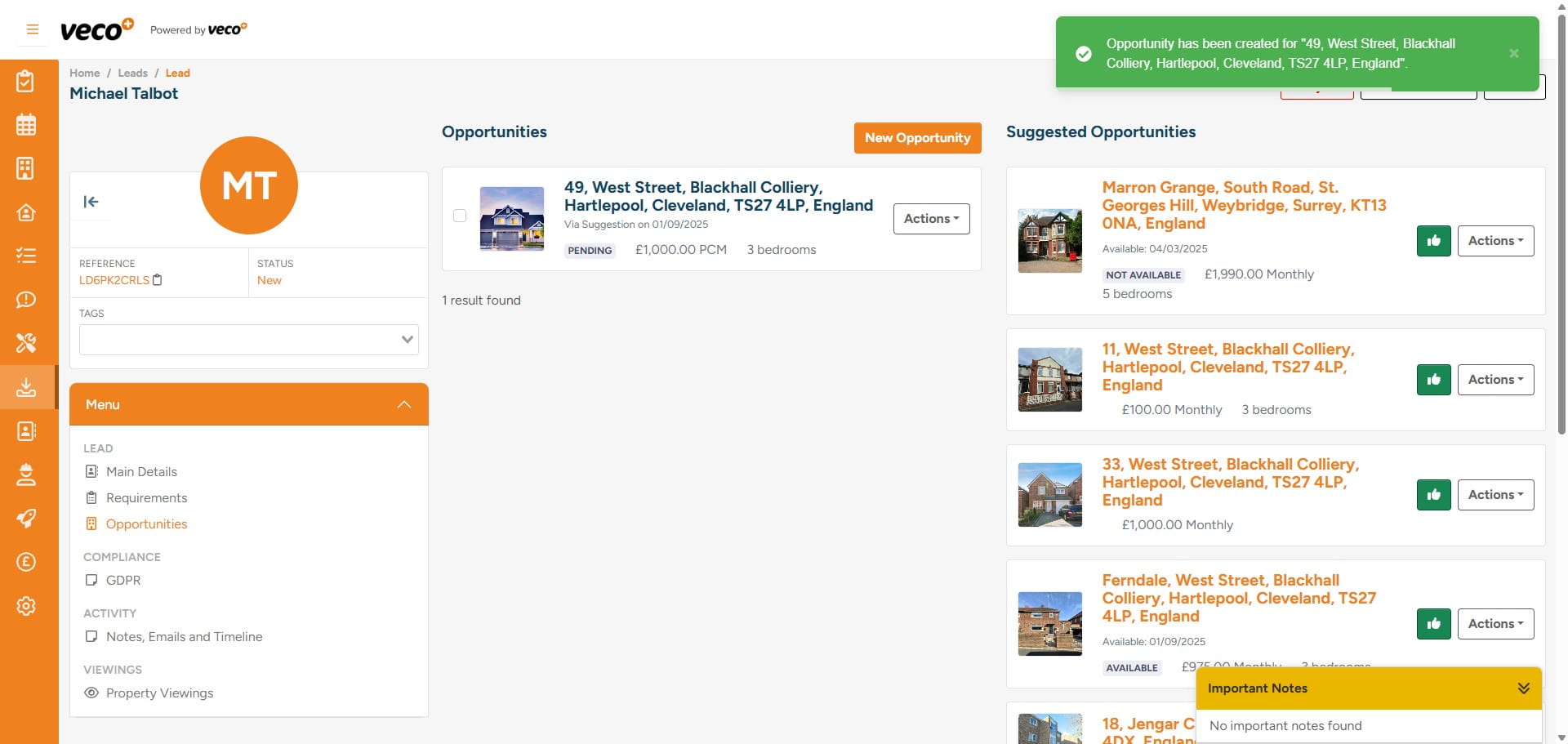 This will move the property from 'Suggested Opportunities' to 'Opportunities'